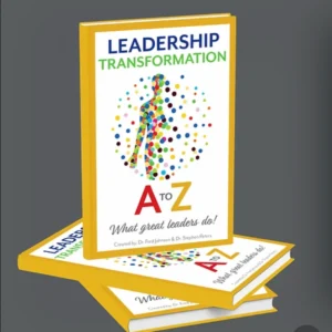 A stack of books with the words leadership transformation on them.