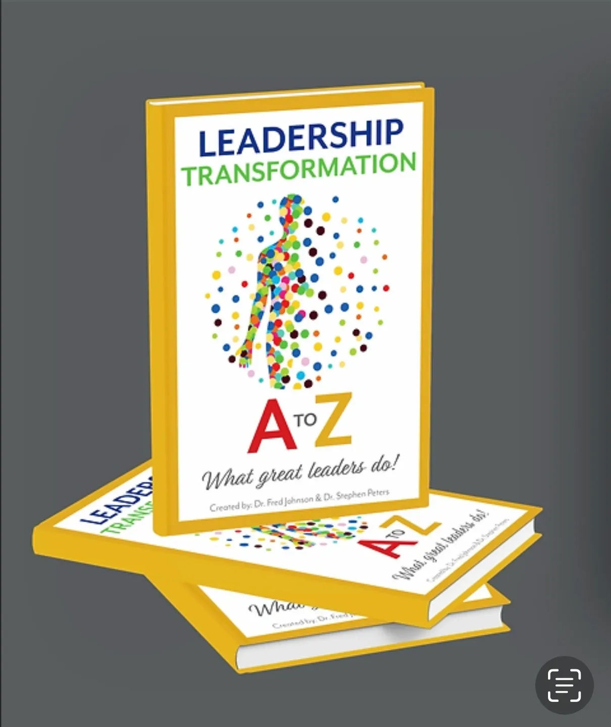 A stack of books with the words leadership transformation on them.